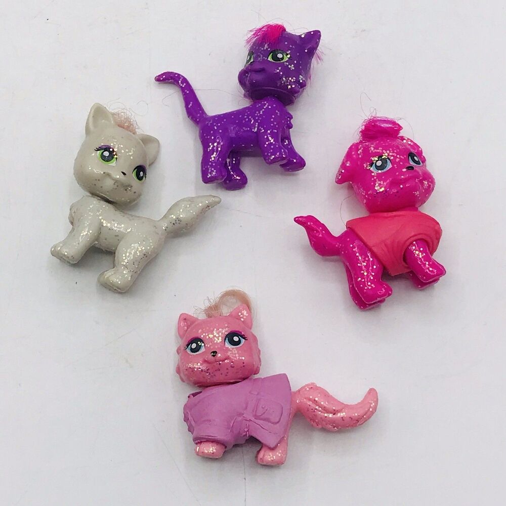 Lot of 4 POLLY POCKET Sparklin Pets Purple, Pink & Silver Glitter Cats with Hair